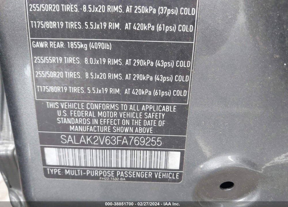 2015 LAND ROVER LR4 VIN: SALAK2V63FA769255