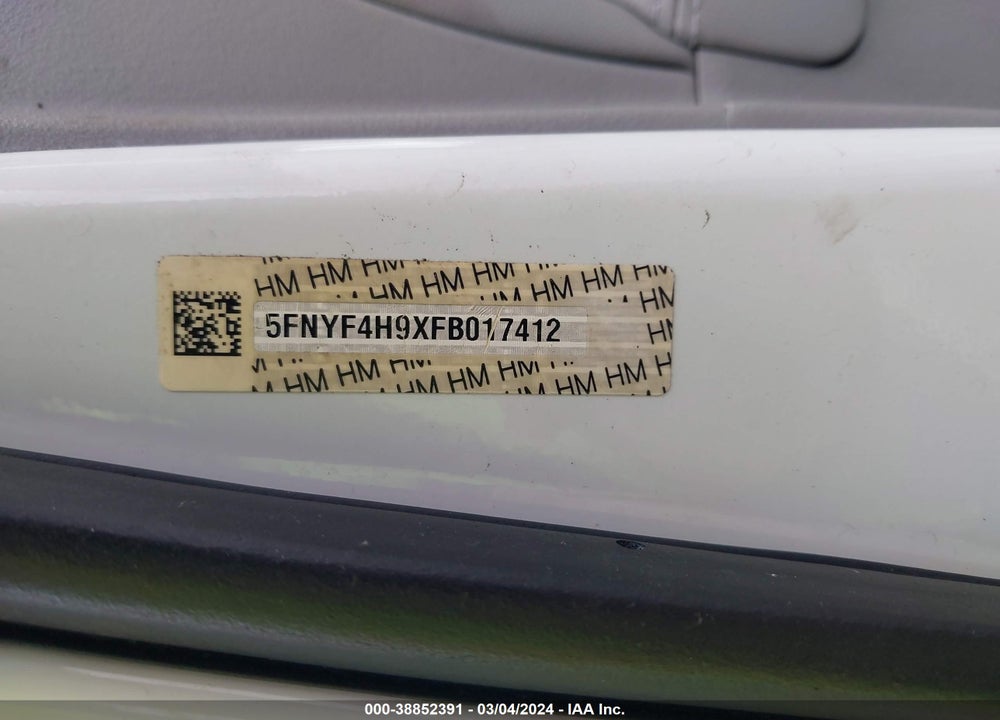 2015 HONDA PILOT TOURING VIN: 5FNYF4H9XFB017412