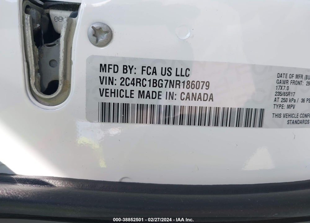 2022 CHRYSLER PACIFICA TOURING L VIN: 2C4RC1BG7NR186079