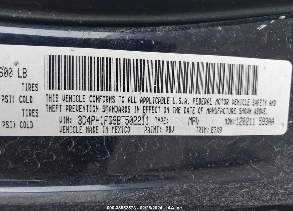 2011 DODGE JOURNEY MAINSTREET VIN: 3D4PH1FG9BT502211
