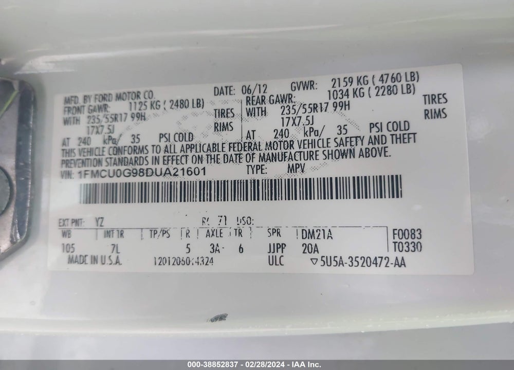 2013 FORD ESCAPE SE VIN: 1FMCU0G98DUA21601