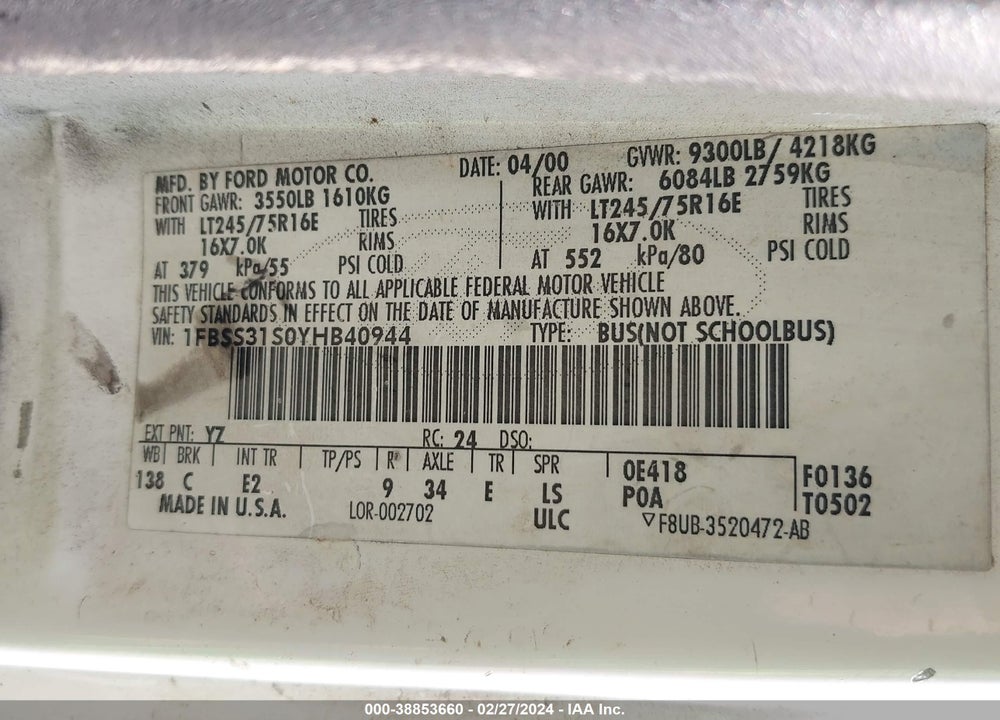2000 FORD E-350 SUPER DUTY XL/XLT VIN: 1FBSS31S0YHB40944