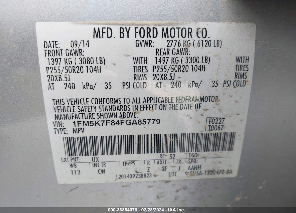 2015 FORD EXPLORER VIN: 1FM5K7F84FGA85779