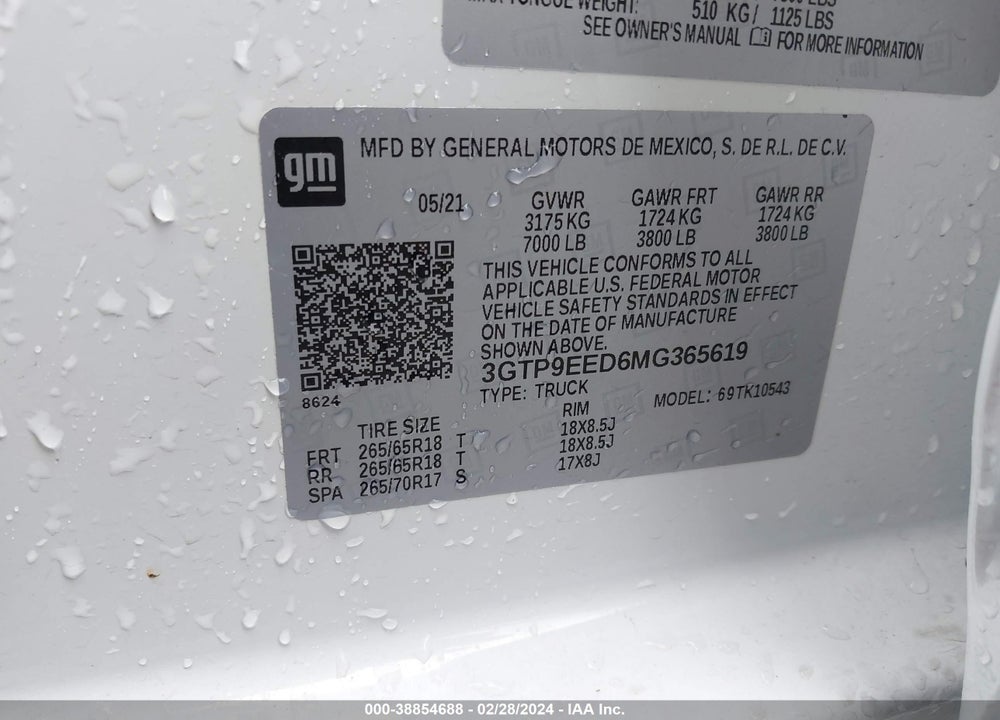 2021 GMC SIERRA 1500 4WD SHORT BOX AT4 VIN: 3GTP9EED6MG365619