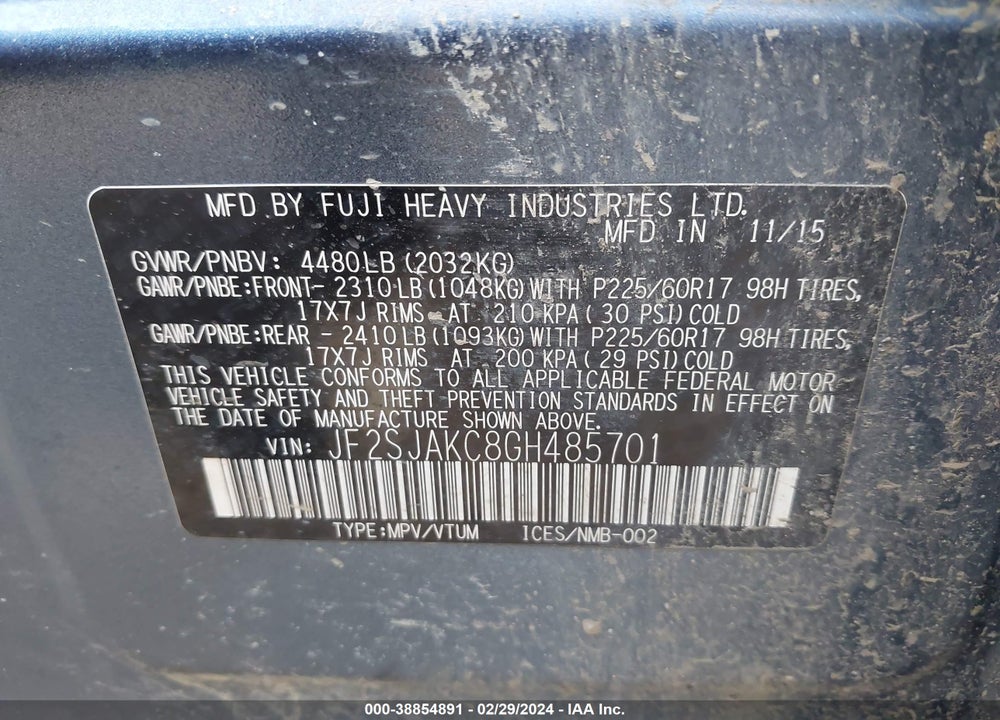 2016 SUBARU FORESTER 2.5I LIMITED VIN: JF2SJAKC8GH485701