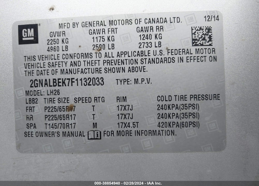 2015 CHEVROLET EQUINOX 1LT VIN: 2GNALBEK7F1132033