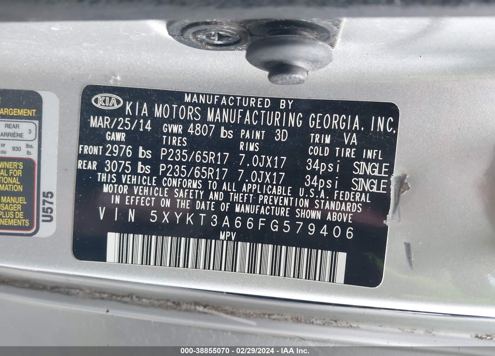 2015 KIA SORENTO VIN: 5XYKT3A66FG579406