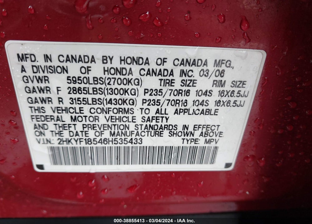 2006 HONDA PILOT EX-L VIN: 2HKYF18546H535433