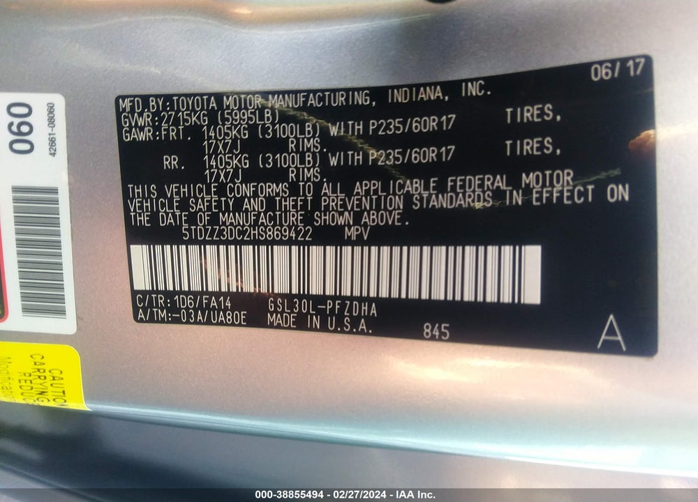 2017 TOYOTA SIENNA L 7 PASSENGER VIN: 5TDZZ3DC2HS869422