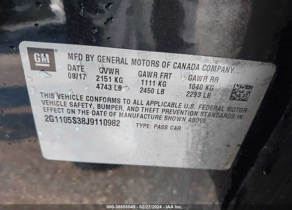 2018 CHEVROLET IMPALA 1LT VIN: 2G1105S38J9110982