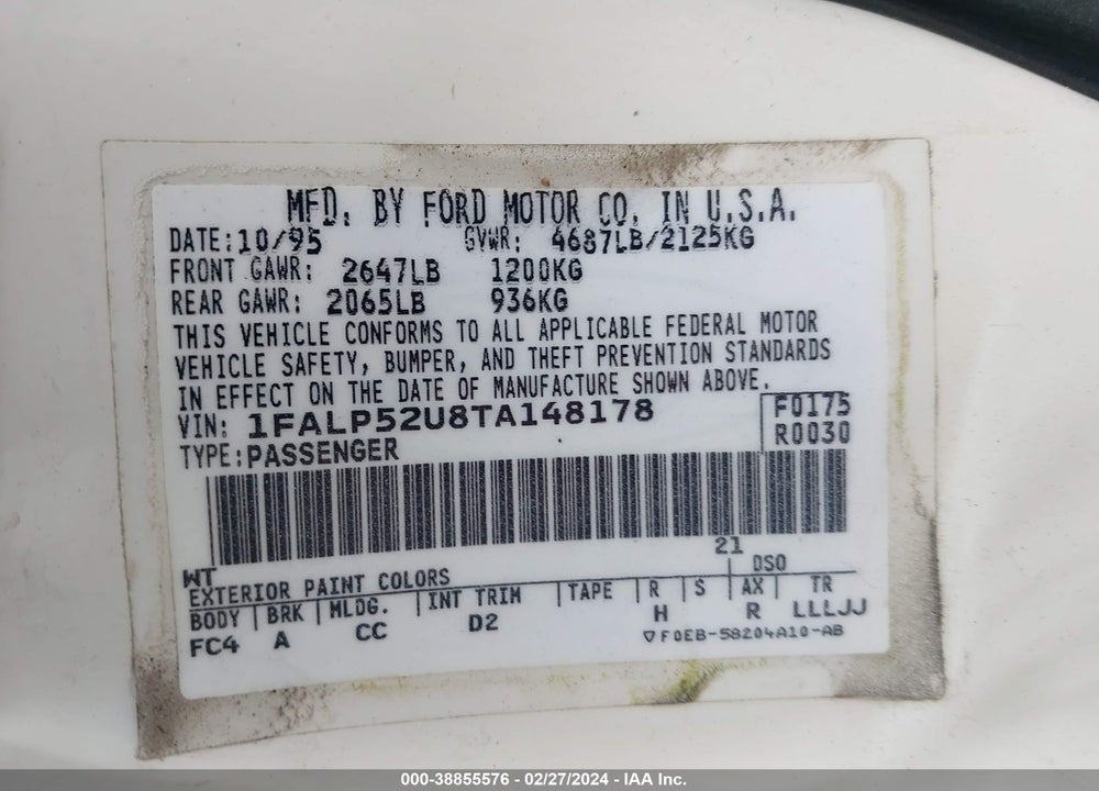 1996 FORD TAURUS GL VIN: 1FALP52U8TA148178