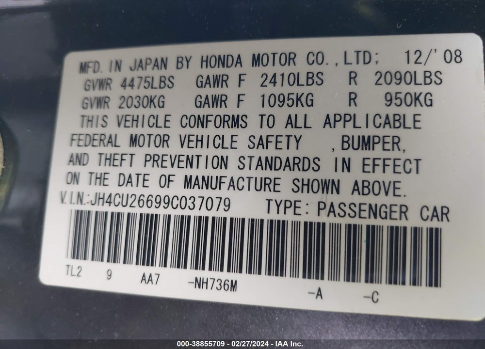 2009 ACURA TSX VIN: JH4CU26699C037079