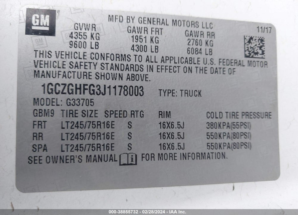 2018 CHEVROLET EXPRESS 3500 WORK VAN VIN: 1GCZGHFG3J1178003