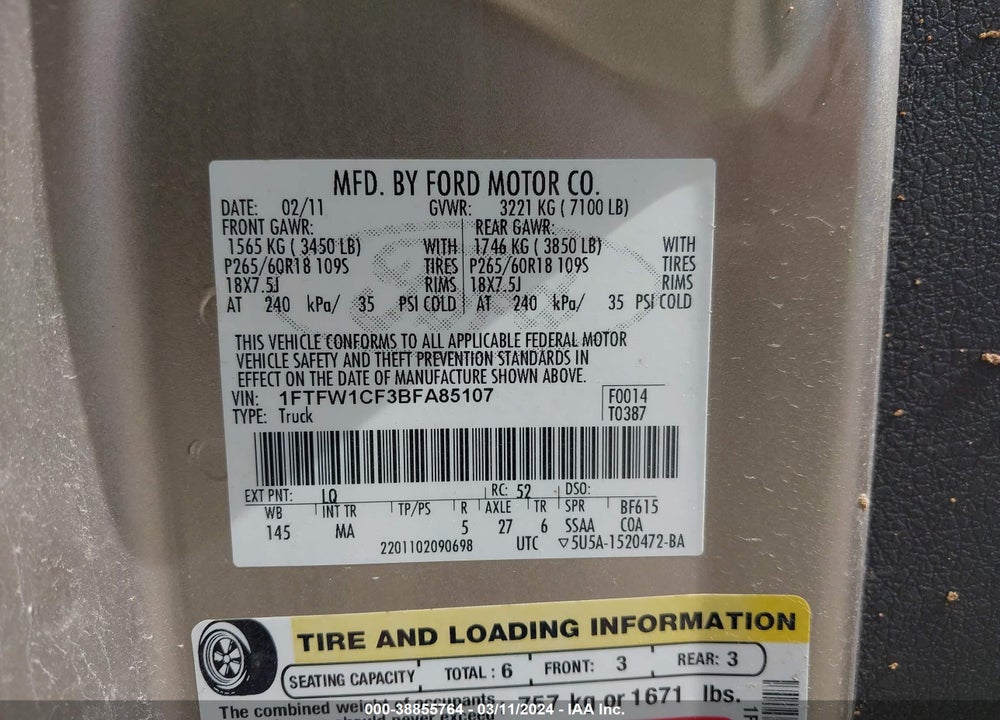 2011 FORD F-150 XLT VIN: 1FTFW1CF3BFA85107