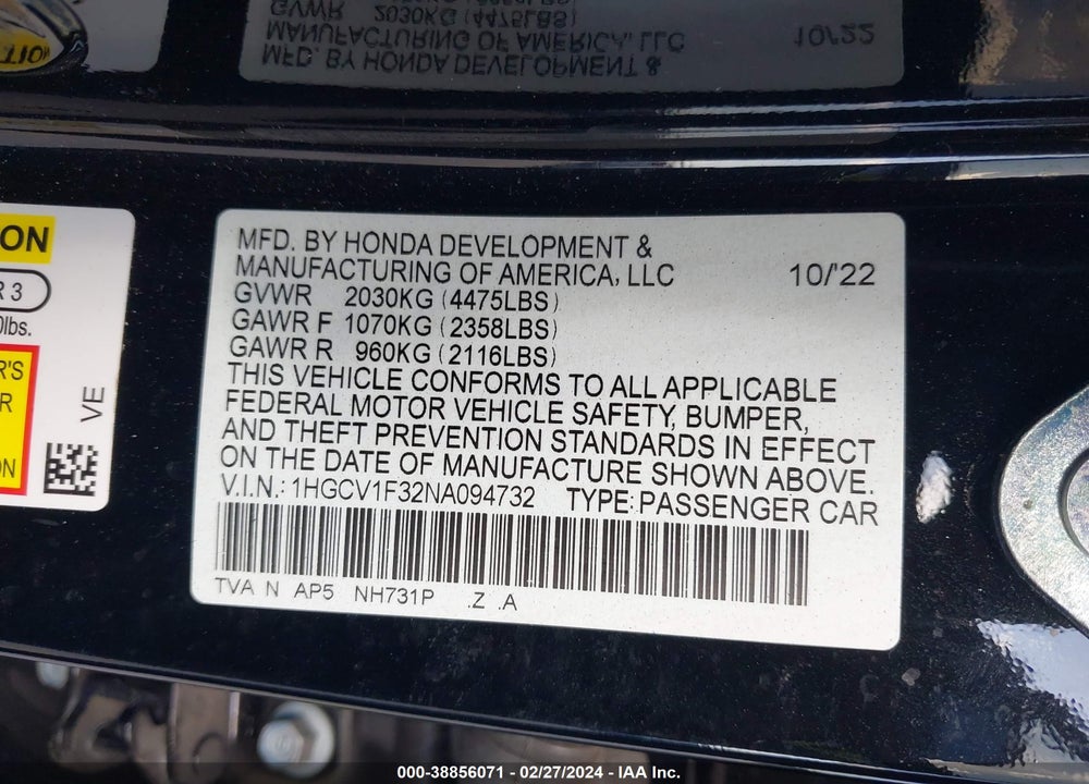 2022 HONDA ACCORD SPORT VIN: 1HGCV1F32NA094732