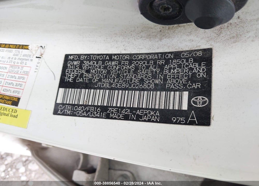 2009 TOYOTA COROLLA LE VIN: JTDBL40E89J026808