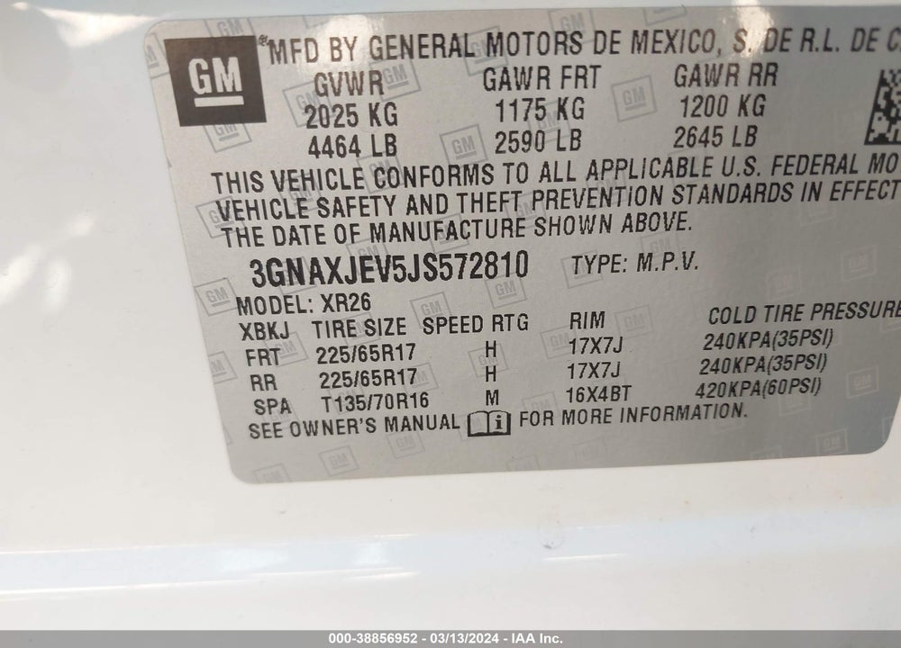 2018 CHEVROLET EQUINOX LT VIN: 3GNAXJEV5JS572810