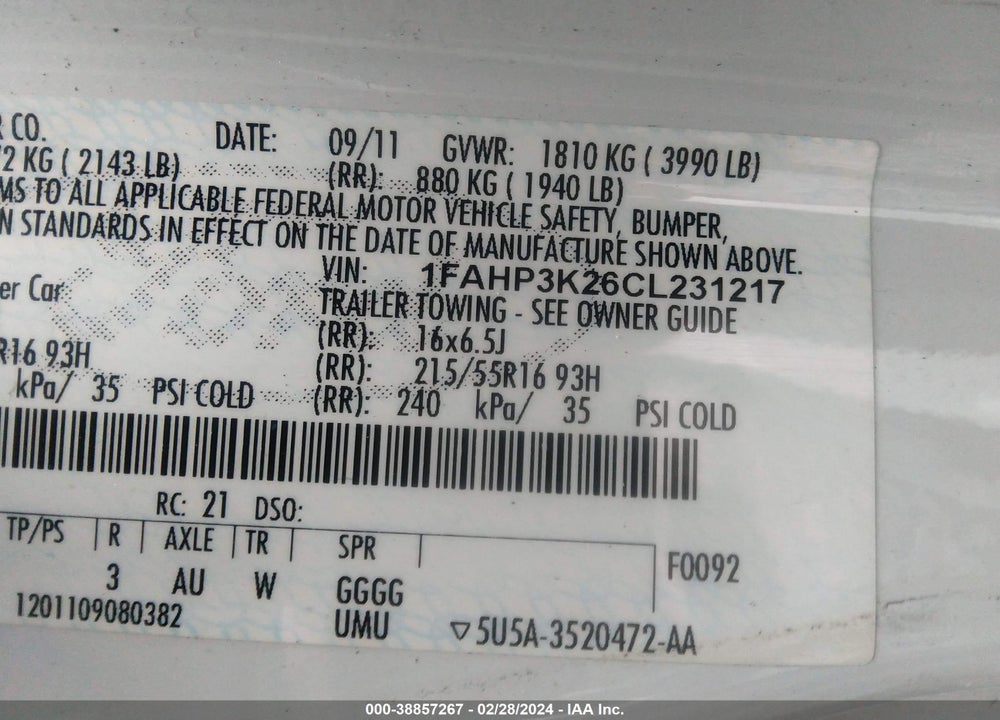 2012 FORD FOCUS SE VIN: 1FAHP3K26CL231217