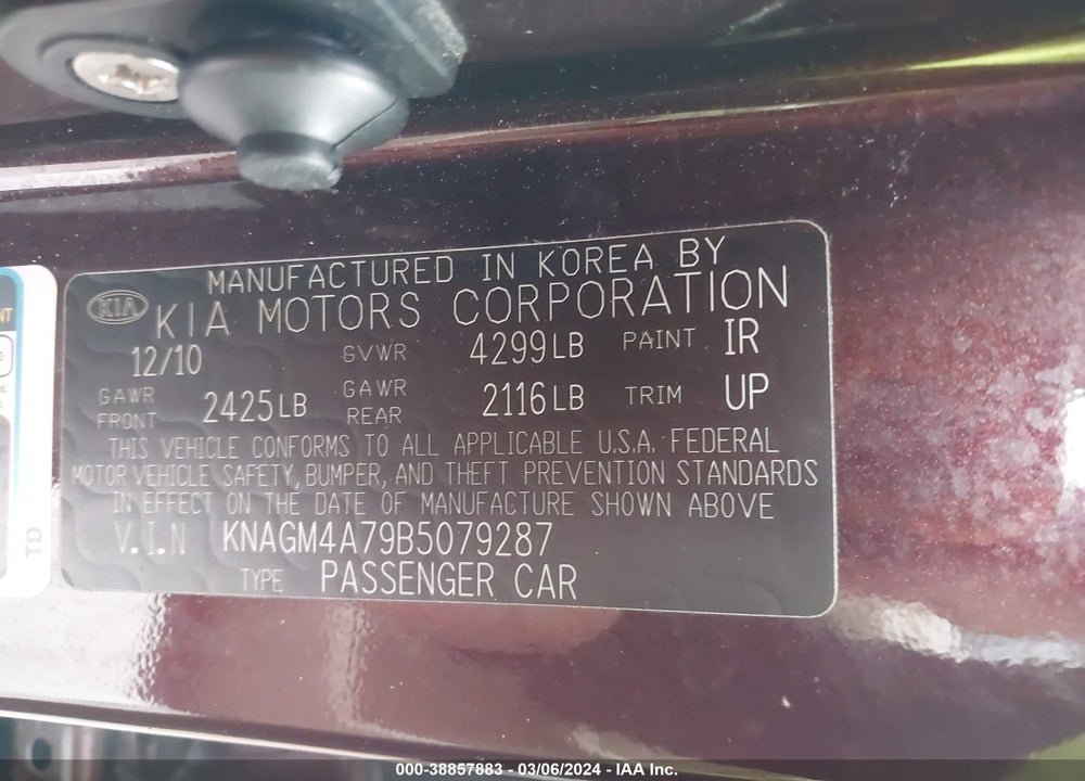 2011 KIA OPTIMA LX VIN: KNAGM4A79B5079287