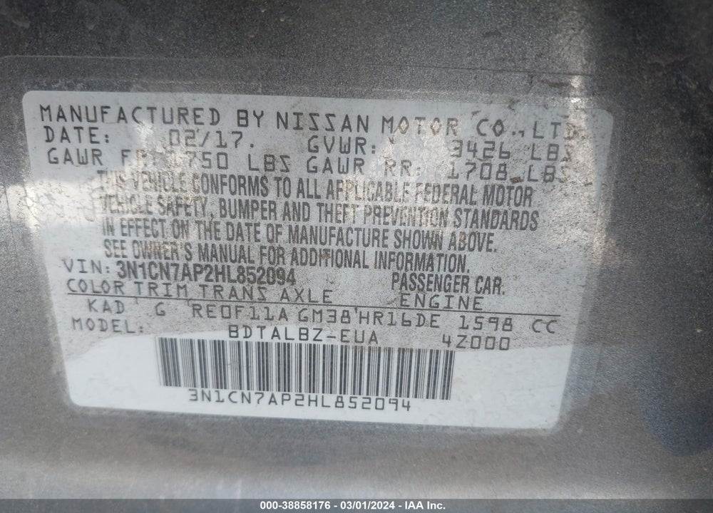 2017 NISSAN VERSA 1.6 SV VIN: 3N1CN7AP2HL852094