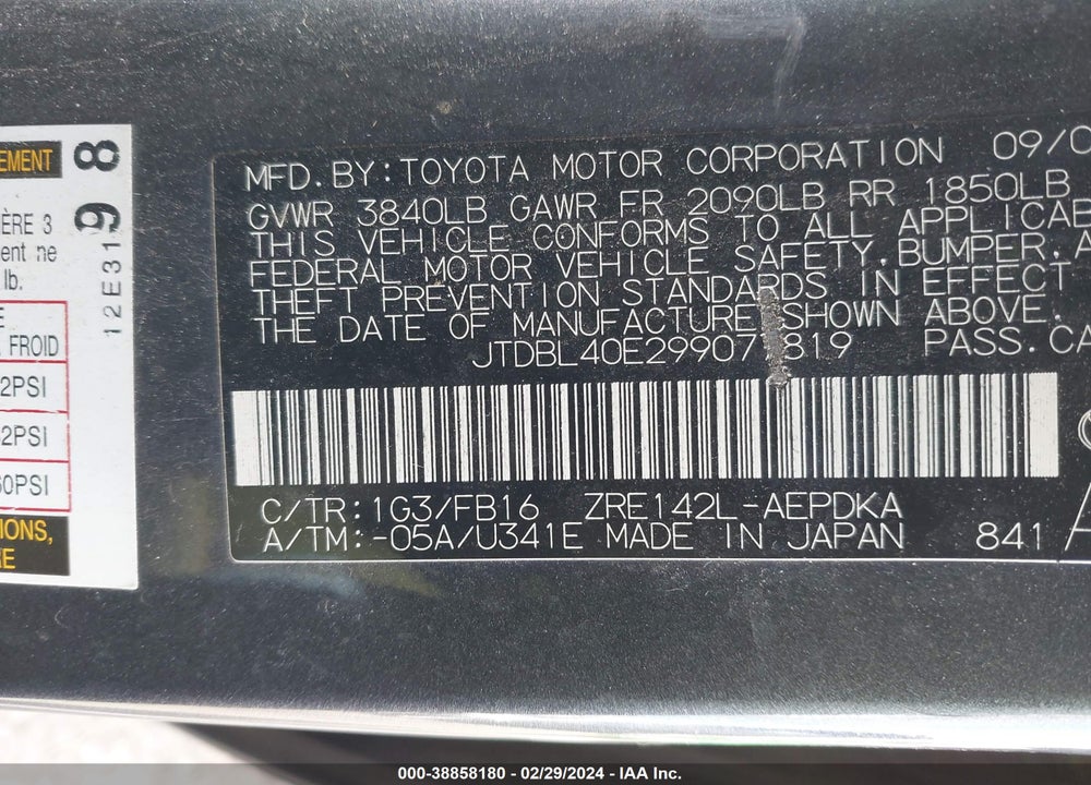 2009 TOYOTA COROLLA LE VIN: JTDBL40E299077819