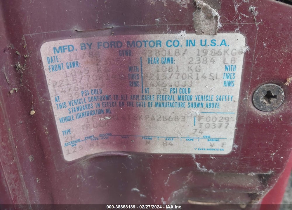 1989 FORD RANGER SUPER CAB VIN: 1FTCR14T6KPA28683