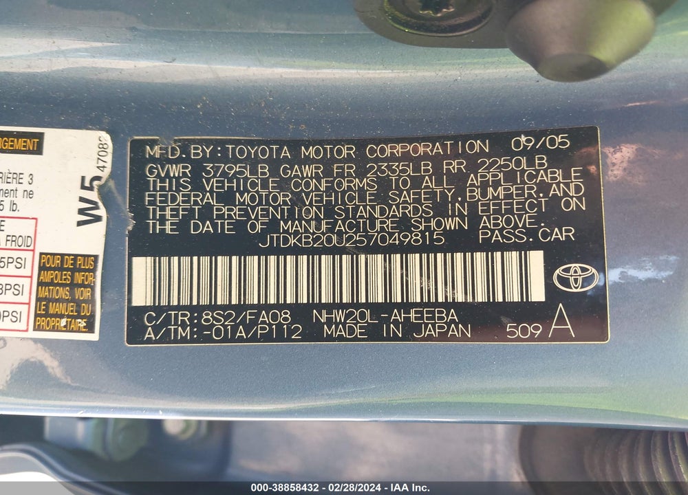 2005 TOYOTA PRIUS VIN: JTDKB20U257049815