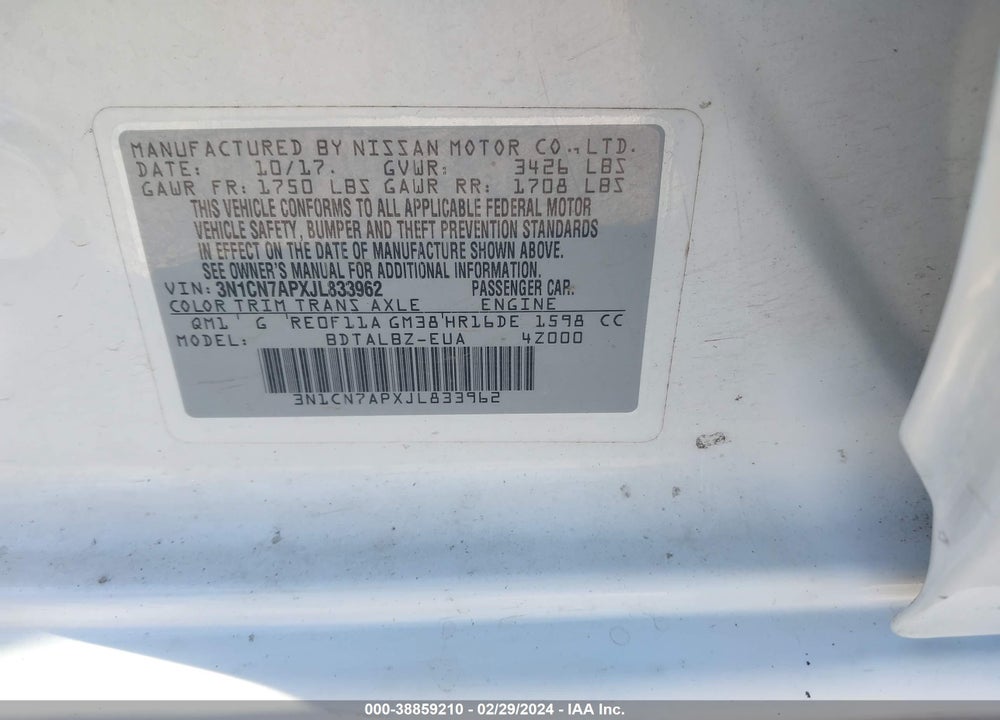 2018 NISSAN VERSA 1.6 SV VIN: 3N1CN7APXJL833962
