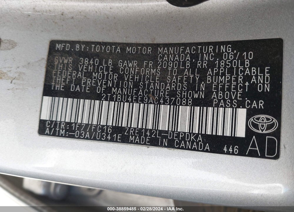 2010 TOYOTA COROLLA VIN: 2T1BU4EE9AC437088