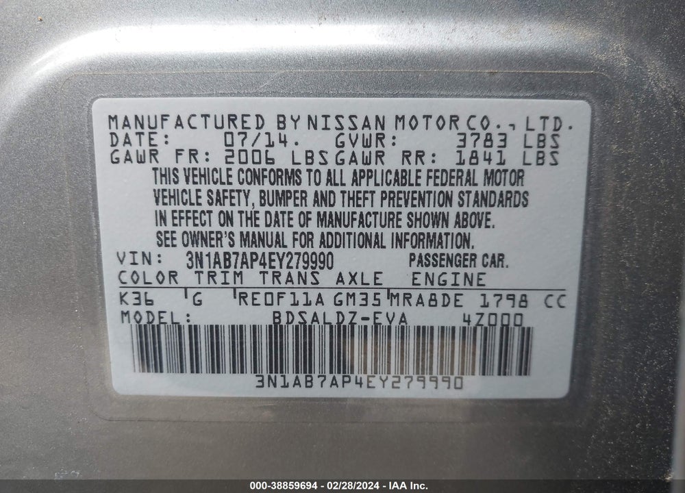 2014 NISSAN SENTRA SV VIN: 3N1AB7AP4EY279990