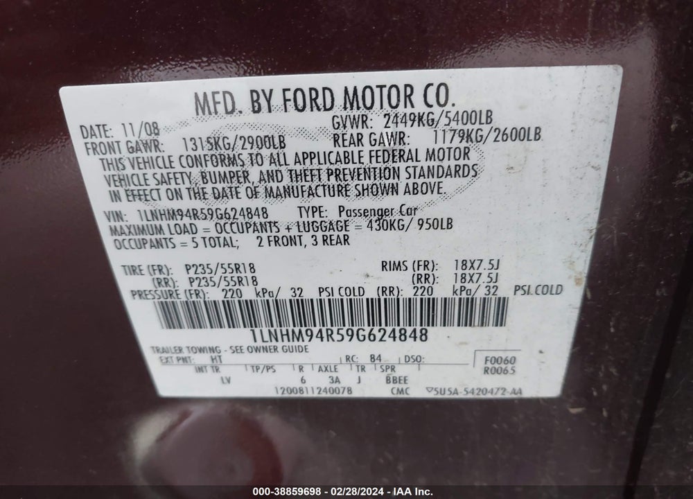 2009 LINCOLN MKS VIN: 1LNHM94R59G624848