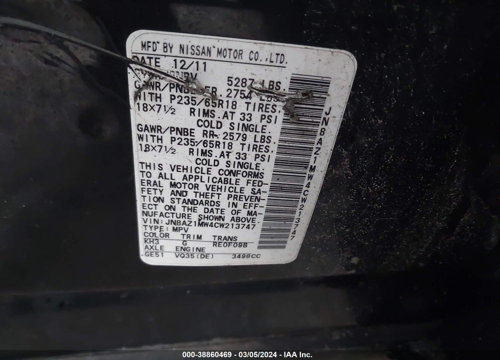 2012 NISSAN MURANO S VIN: JN8AZ1MW4CW213747