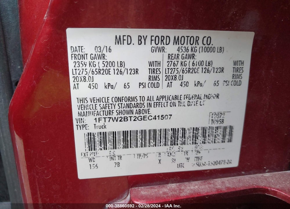 2016 FORD F-250 LARIAT VIN: 1FT7W2BT2GEC41507