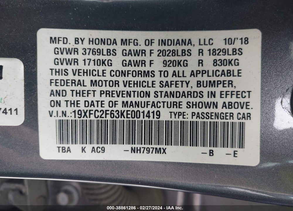 2019 HONDA CIVIC LX VIN: 19XFC2F63KE001419
