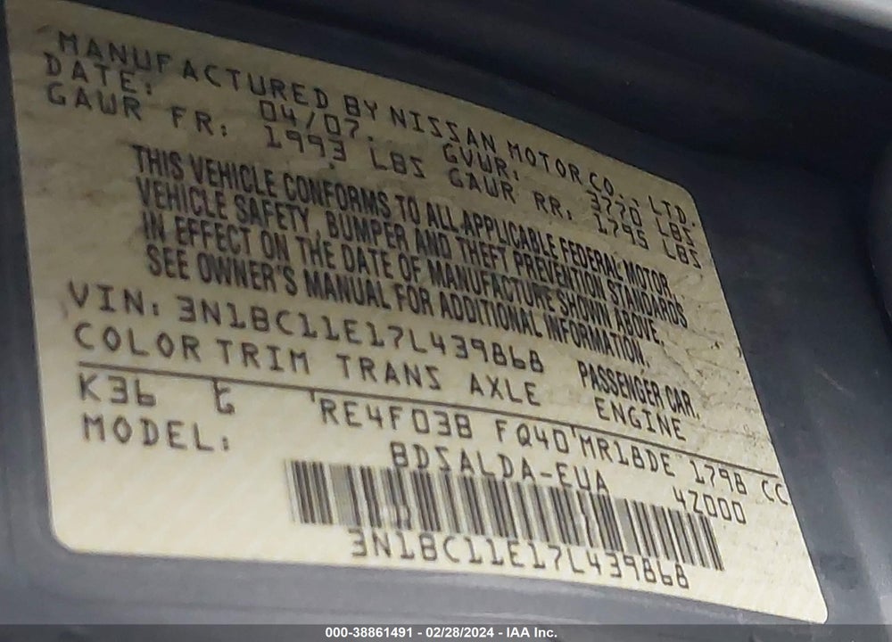 2007 NISSAN VERSA 1.8S VIN: 3N1BC11E17L439868