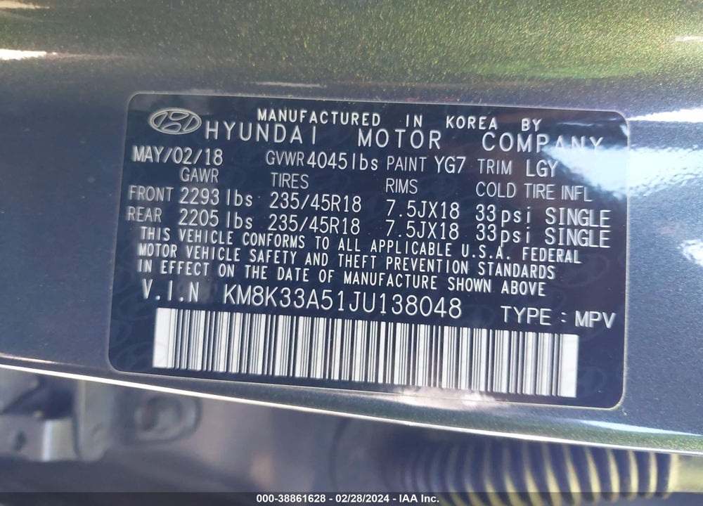 2018 HYUNDAI KONA LIMITED VIN: KM8K33A51JU138048