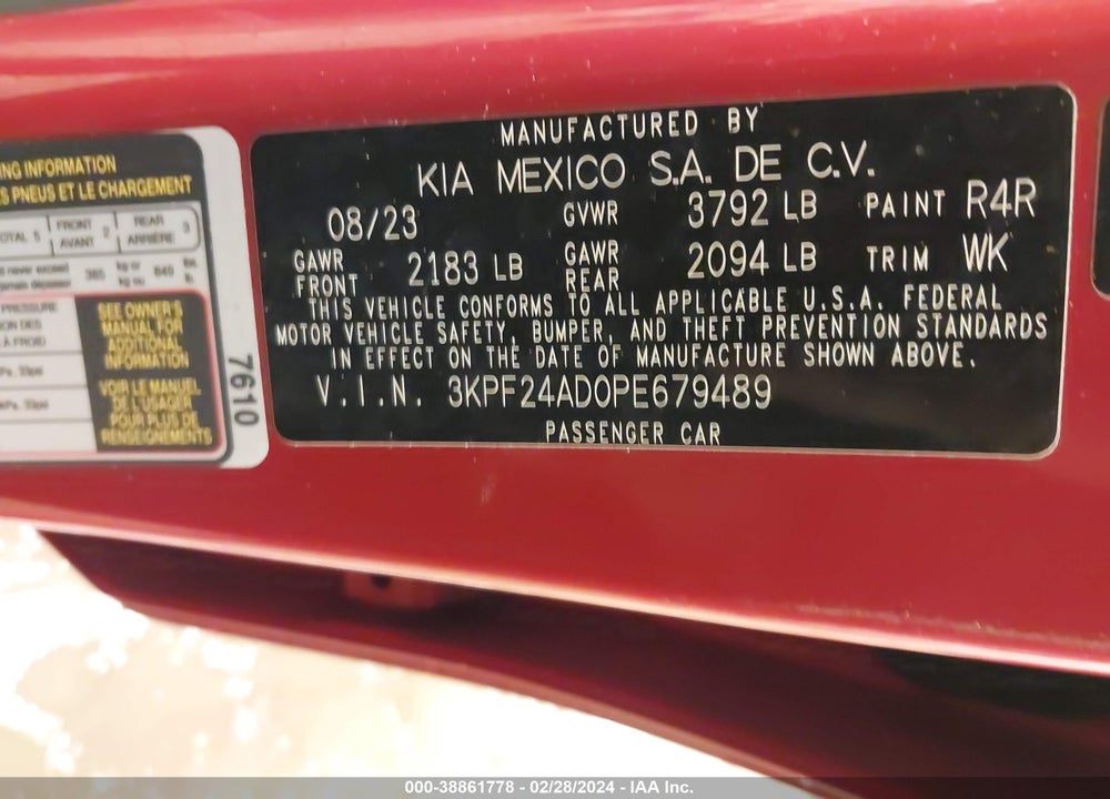 2023 KIA FORTE LXS VIN: 3KPF24AD0PE679489