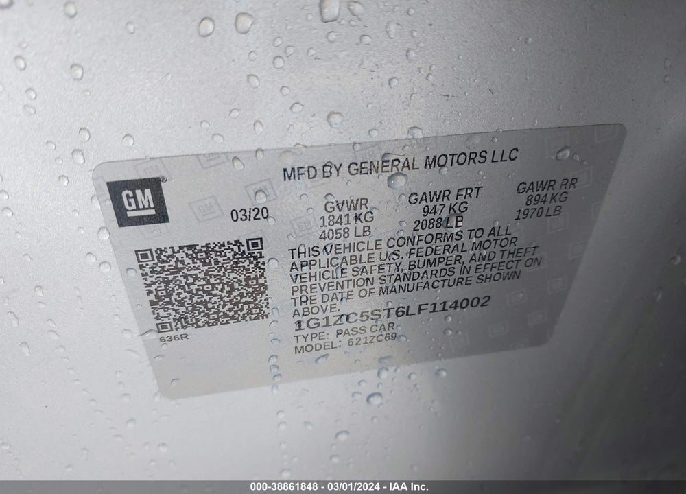 2020 CHEVROLET MALIBU FWD 1FL VIN: 1G1ZC5ST6LF114002