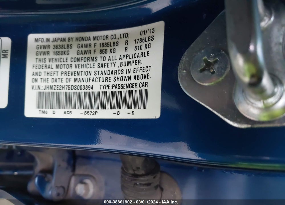 2013 HONDA INSIGHT EX VIN: JHMZE2H75DS003894