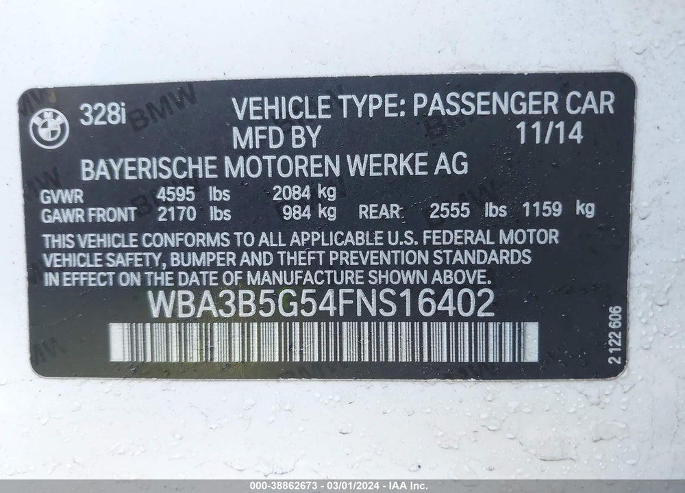 2015 BMW 328I VIN: WBA3B5G54FNS16402