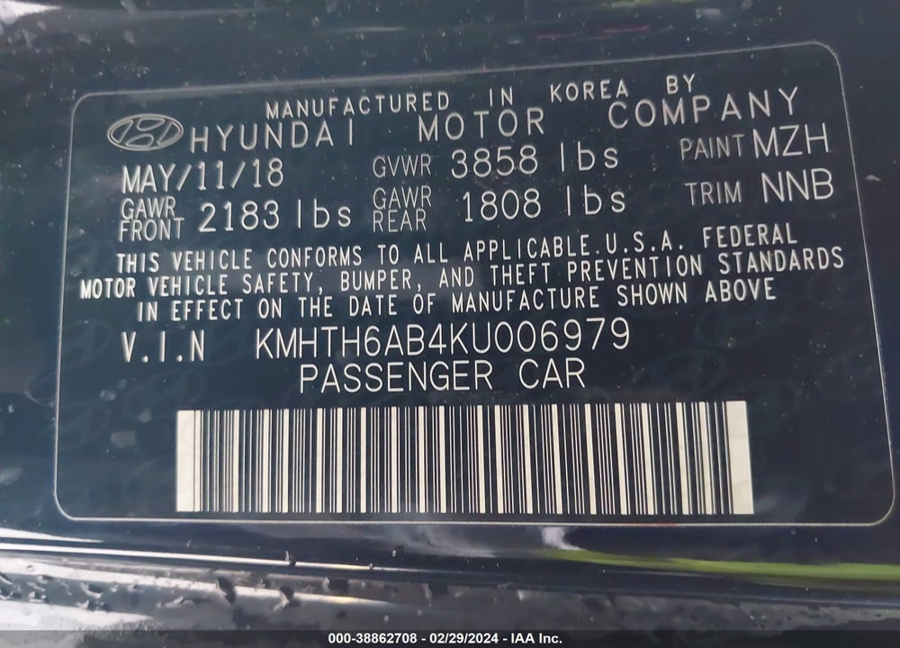 2019 HYUNDAI VELOSTER TURBO VIN: KMHTH6AB4KU006979
