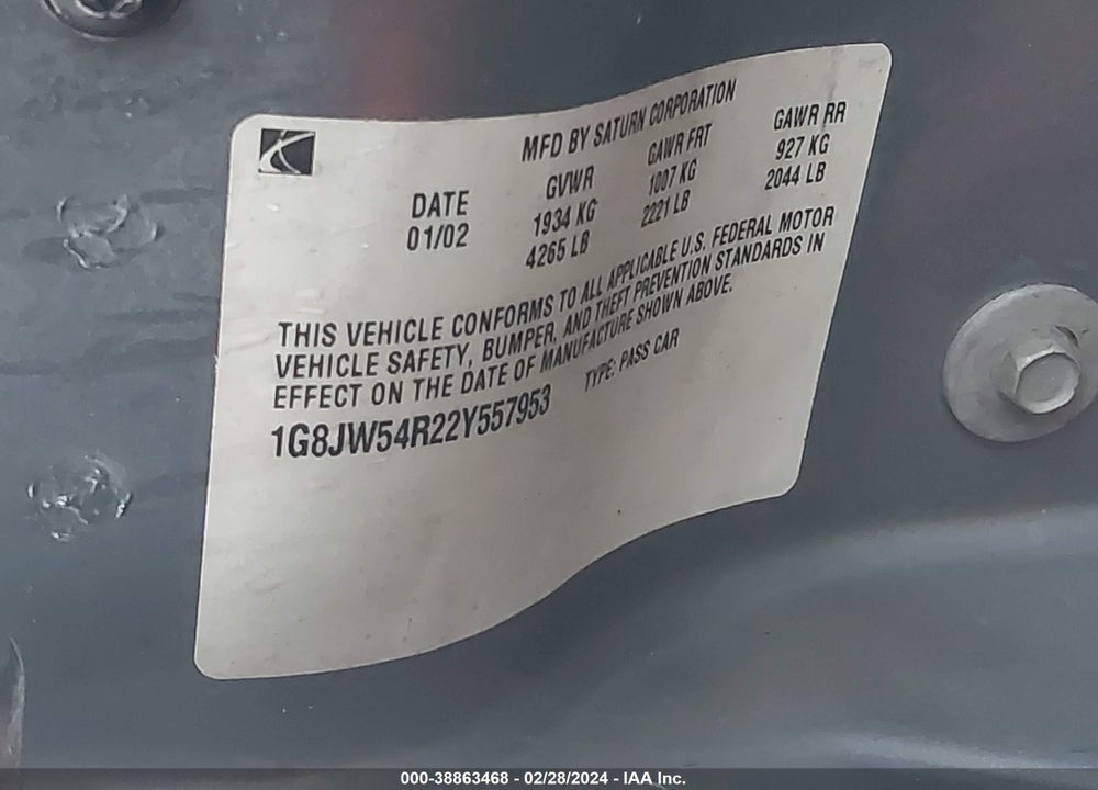 2002 SATURN L-SERIES L300 VIN: 1G8JW54R22Y557953