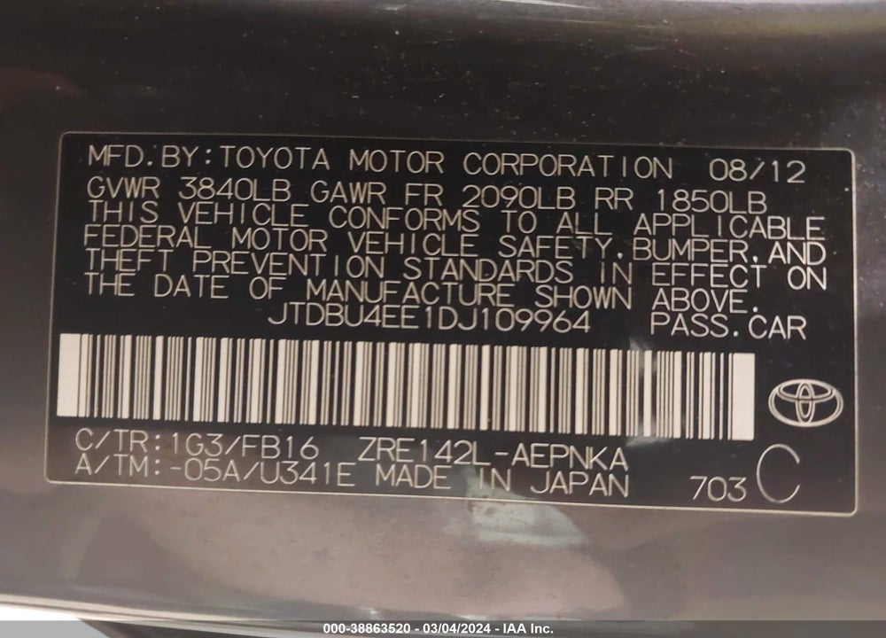 2013 TOYOTA COROLLA LE VIN: JTDBU4EE1DJ109964