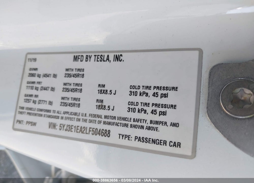 2020 TESLA MODEL 3 STANDARD RANGE PLUS REAR-WHEEL DRIVE/STANDARD RANGE REAR-WHEEL DRIVE VIN: 5YJ3E1EA2LF504688