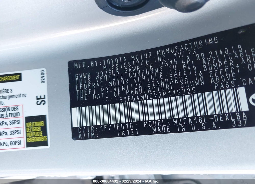 2024 TOYOTA COROLLA LE VIN: 5YFB4MDE2RP115325