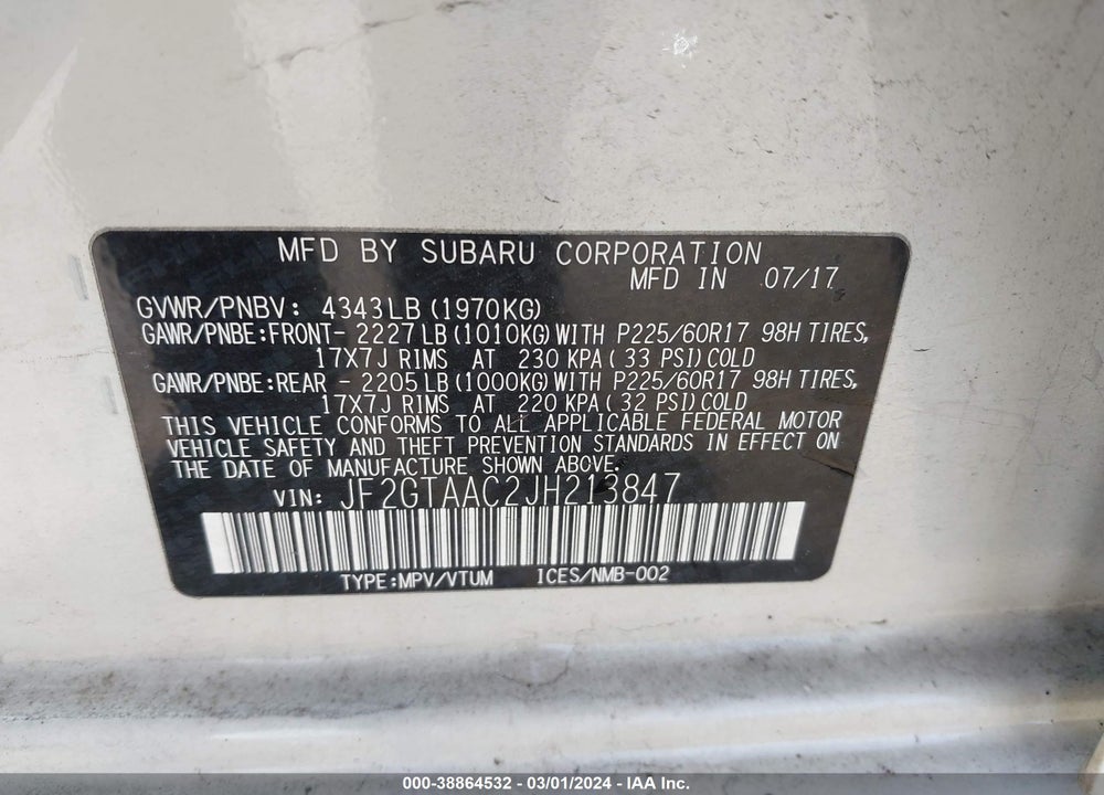 2018 SUBARU CROSSTREK 2.0I VIN: JF2GTAAC2JH213847