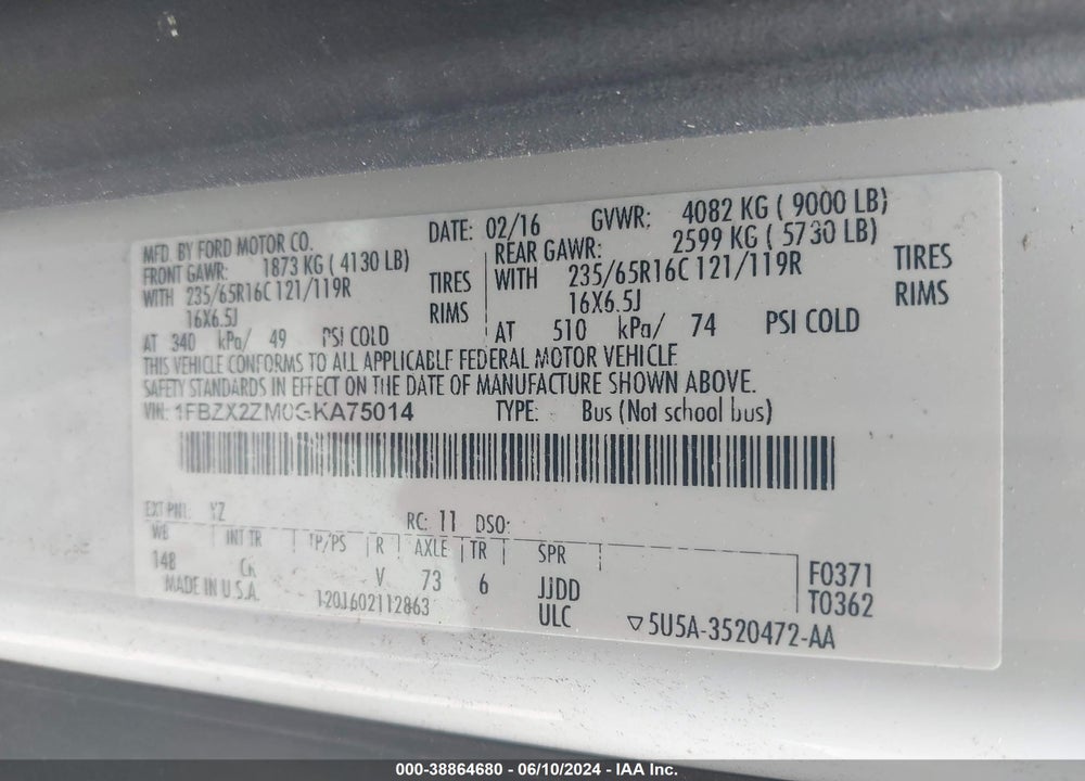 2016 FORD TRANSIT-350 XLT VIN: 1FBZX2ZM0GKA75014