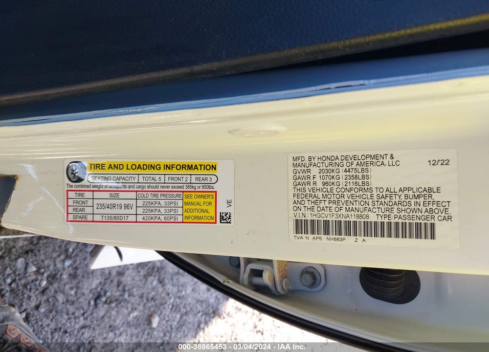 2022 HONDA ACCORD SPORT VIN: 1HGCV1F3XNA118808