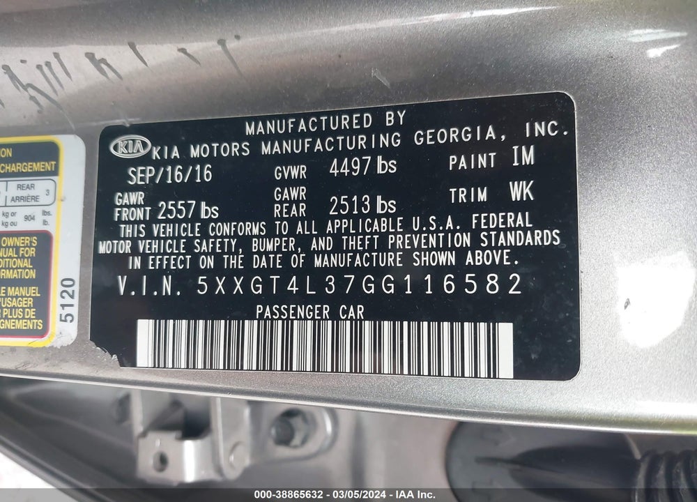 2016 KIA OPTIMA LX VIN: 5XXGT4L37GG116582