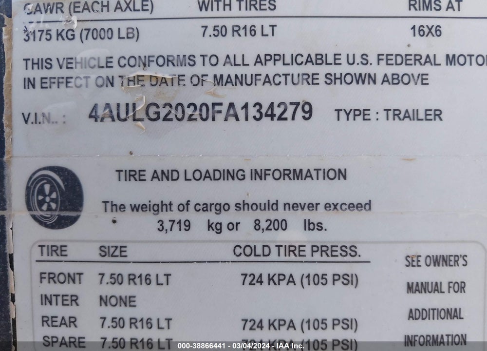 2015 EVERLITE INC OTHER VIN: 4AULG2020FA134279